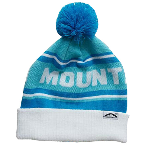 A blue knitted beanie with a pom-pom on top features horizontal stripes and the word MOUNT in large white letters and a white cuff at the bottom.