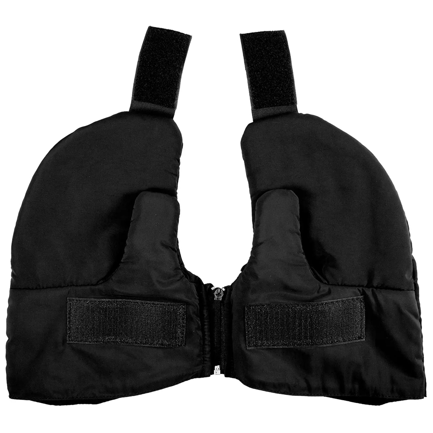 A black padded vest with two large rounded sections hangs open primarily for upper body wear showcasing Velcro straps and a zipper at the center, indicating use for support or protection.