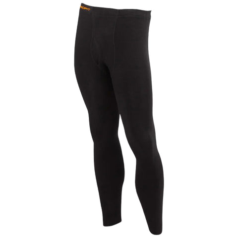Black thermal leggings are displayed upright showing the fitted design and stretchy material designed for warmth and flexibility typically used for outdoor activities or athletic wear.