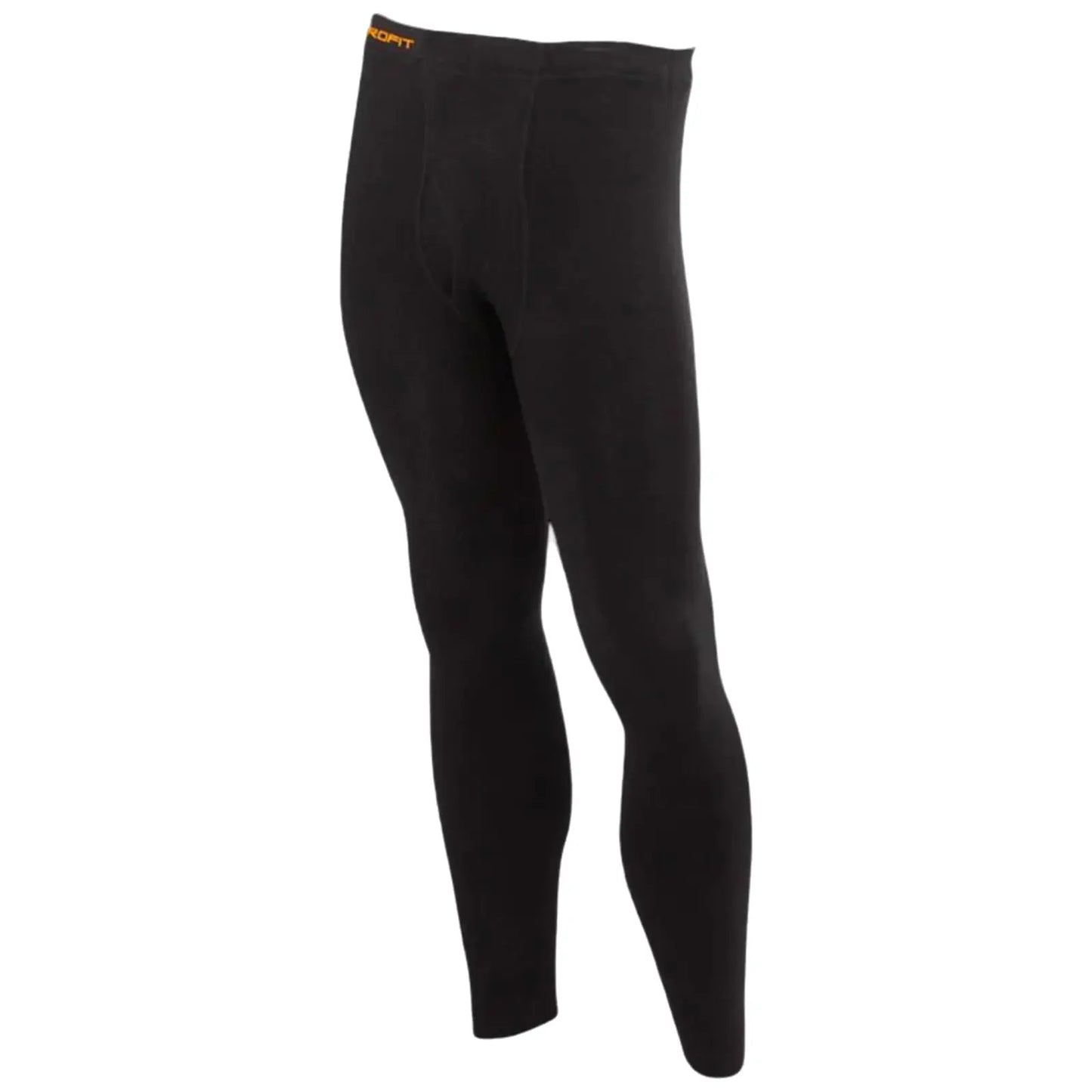 Black thermal leggings are displayed upright showing the fitted design and stretchy material designed for warmth and flexibility typically used for outdoor activities or athletic wear.