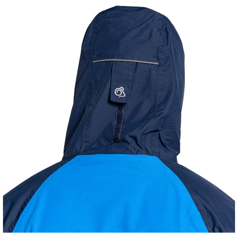 A hooded jacket with a navy blue hood and bright blue body is displayed from the back emphasizing its design features and color contrast in a neutral background.