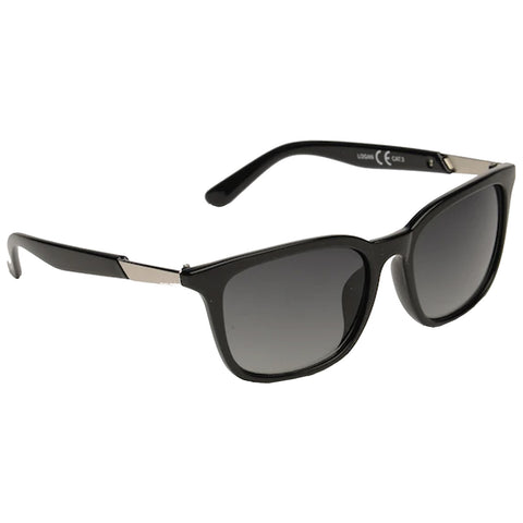Black sunglasses with dark lenses sit against a neutral background showcasing a stylish frame with angular edges and metallic accents on the temples designed for sun protection and fashion.