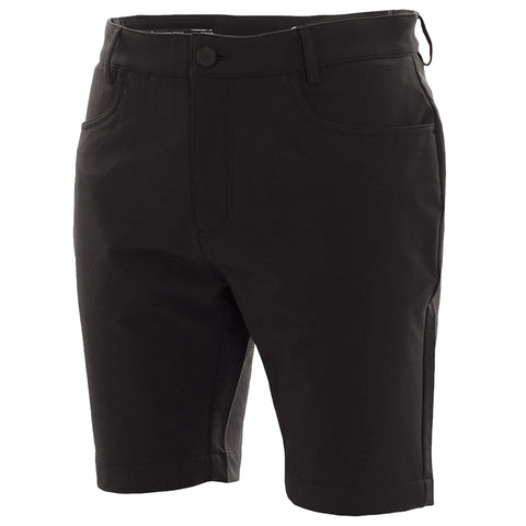Black shorts with a simple design are displayed standing upright showcasing front pockets and a button closure set against a neutral background. They appear suitable for casual wear or outdoor activities.
