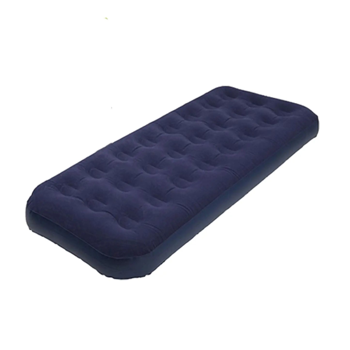A blue inflatable mattress lies flat with tufted design on top resting on a plain background indicating it is ready for use in a sleeping or resting situation