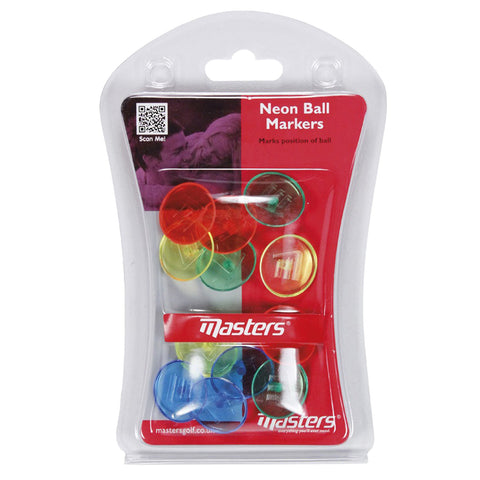 A transparent package contains various neon ball markers in colors like red green yellow and blue marked with the text Neon Ball Markers which indicates their purpose to mark the position of a ball