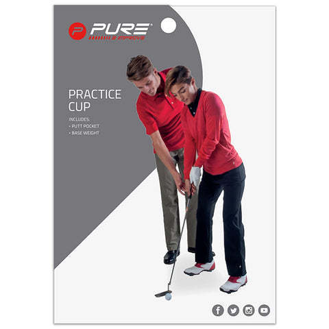 A golf practice cup is shown with two people demonstrating a putting technique. The individuals wear red shirts and black pants, with one guiding the other’s stance while focusing on the golf ball. Text includes "PRACTICE CUP" and details about included items.