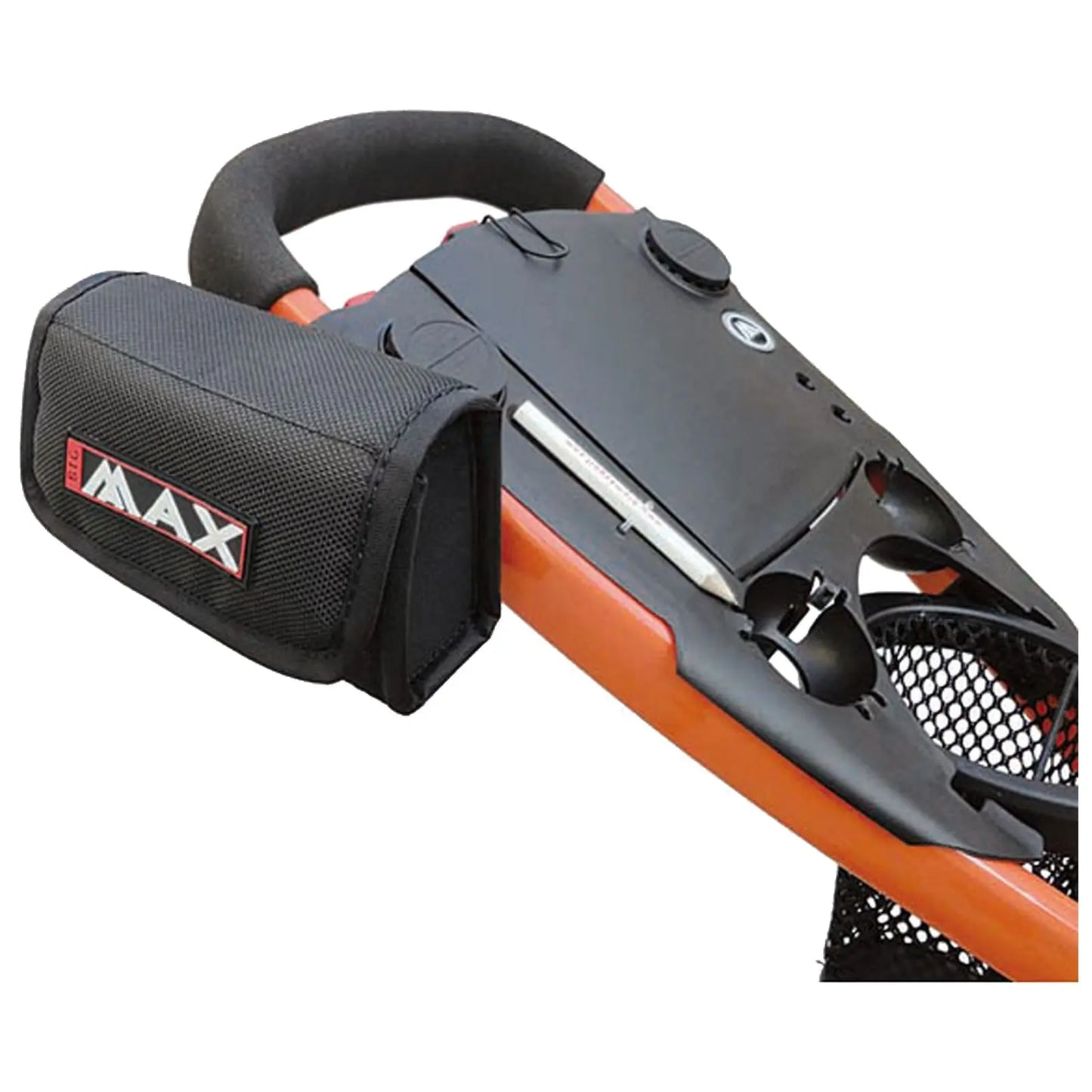 A black accessory pouch is attached to a handle of an orange and black device featuring a flat top with buttons and circular cutouts set against a black mesh background.