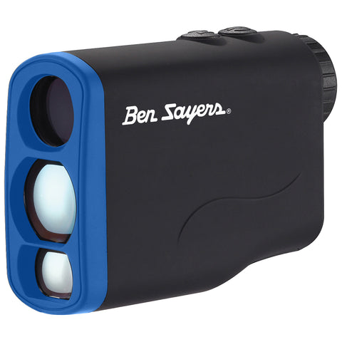 A compact black rangefinder with a blue accent features two lenses on the front and buttons on the top, designed for measuring distances in outdoor settings like golf courses or archery ranges.