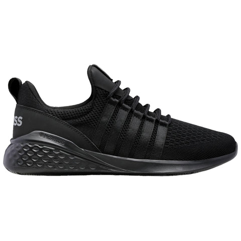 A black athletic sneaker features a mesh upper with crisscross straps and a cushioned sole designed for comfort and support in various activities, set against a plain white background.