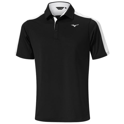 A black polo shirt with white accents on the sleeves is displayed hanging freely showcasing its collar and buttons with a brand logo on the chest area