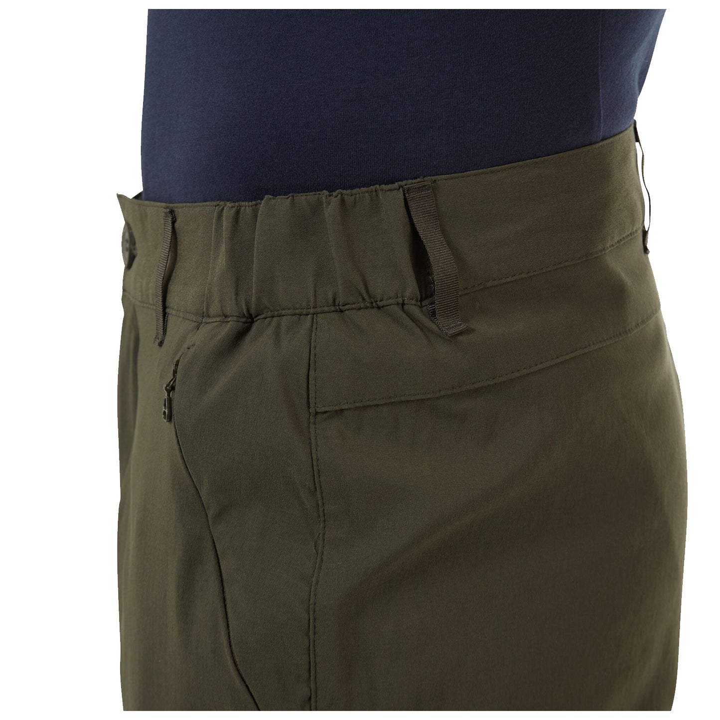 A pair of olive green pants with an elastic waistband is displayed. The pants feature a zippered pocket and have a smooth texture, likely designed for comfort and functionality.