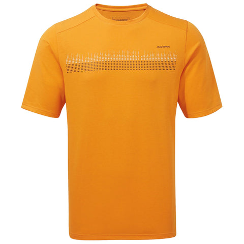 A short-sleeved orange t-shirt with a dotted graphic design across the chest is displayed against a plain background suggesting a casual and vibrant clothing option.