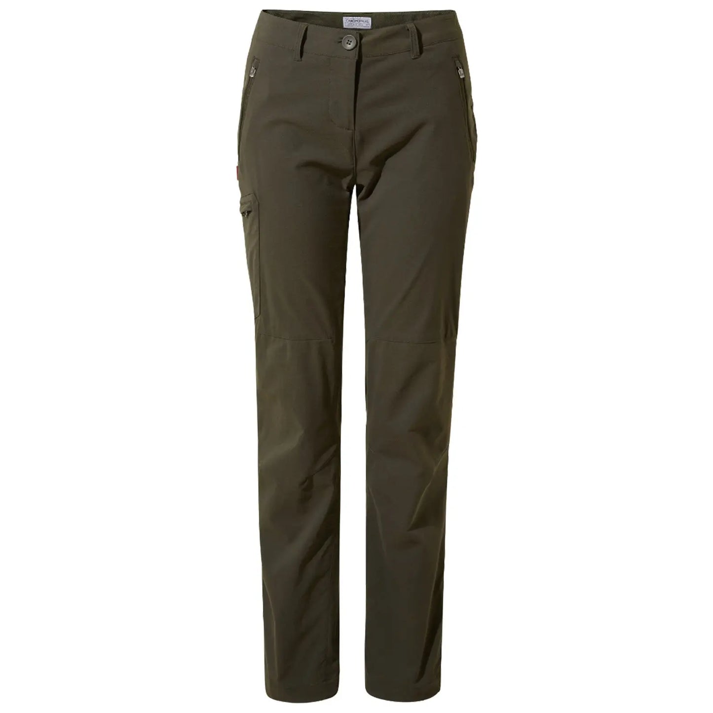 Khaki-colored outdoor pants are displayed upright featuring a button front closure and multiple pockets designed for utility set against a plain white background