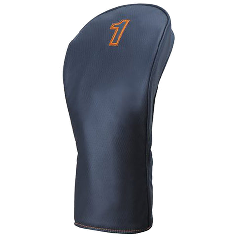 A golf club cover is displayed standing upright showcasing a dark blue exterior with a number one embroidered in orange its purpose is to protect the club from damage and dirt