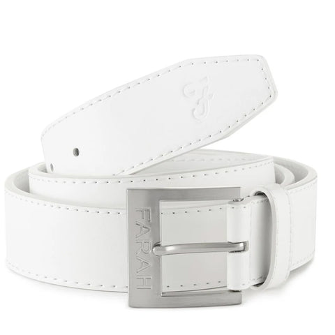 A white leather belt is coiled with its end slightly raised showcasing a silver buckle embossed with the name Farah positioned against a plain white background.