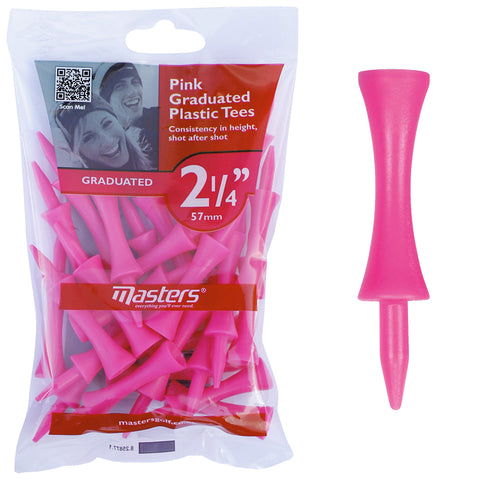 A pack of pink graduated plastic tees is displayed alongside a single tee. The tees are used for golfing, ensuring consistent height during use on the golf course.
