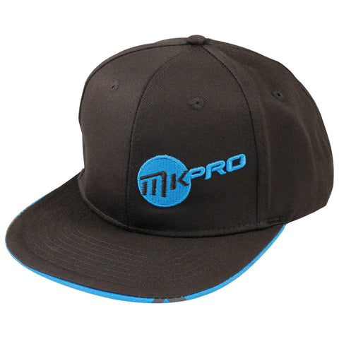 A black baseball cap features a blue embroidered logo and text on the front with a blue underside on the visor set against a plain background.