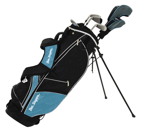 A black and blue golf bag stands upright with clubs partially visible at the top the bag features straps pockets and a sturdy base indicating readiness for use on a golf course