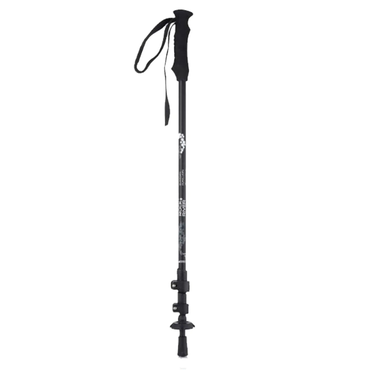 A black hiking pole stands upright showcasing a textured grip handle and an adjustable length mechanism with a rubber tip at the bottom suitable for outdoor use.