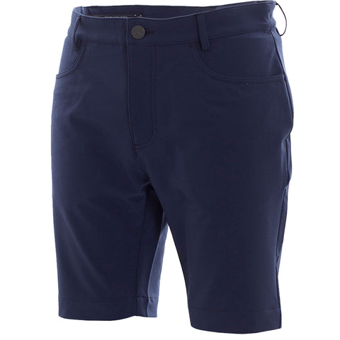 Navy blue shorts are displayed with a buttoned waistband featuring pockets on the front and back emphasizing casual wear suitable for warm weather or outdoor activities.