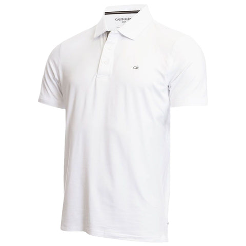 A white short-sleeved polo shirt is displayed with a collar and a few buttons on the front featuring a small logo on the left chest area against a plain background.