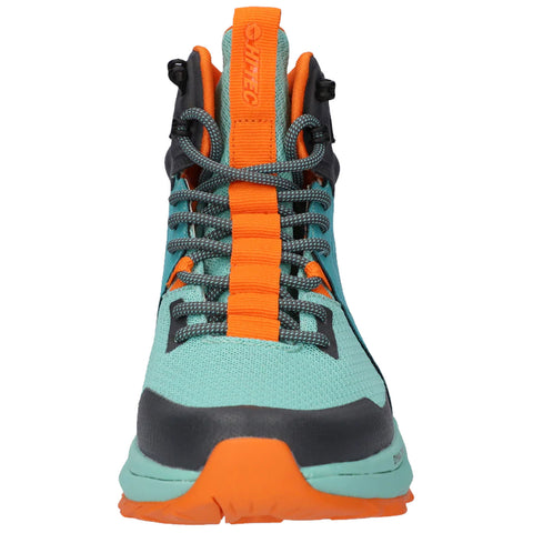 A light blue hiking shoe with orange accents features a high-top design and prominent laces, set against a plain white background, highlighting its outdoor functionality and style.