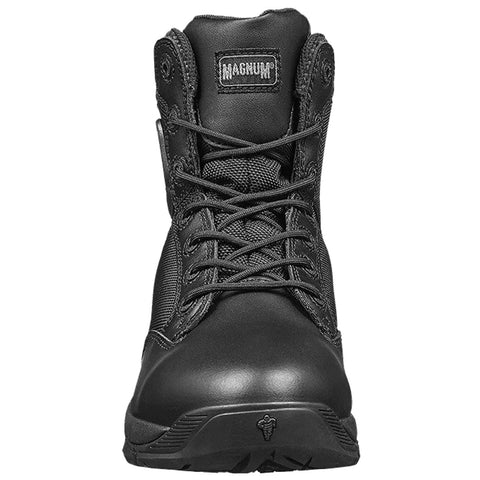 A black military-style boot stands upright showcasing its sturdy leather and mesh design with intricate laces and a reinforced toe highlighting durability and functionality for demanding environments