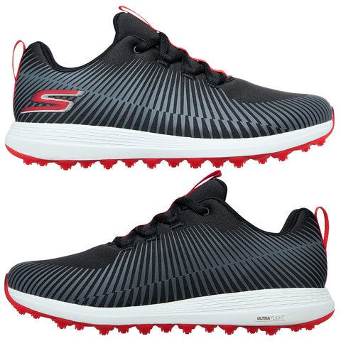 Black and gray golf shoes with a striped design sit on a white background showcasing a lightweight structure with red rubber cleats underneath for traction and a sleek appearance.