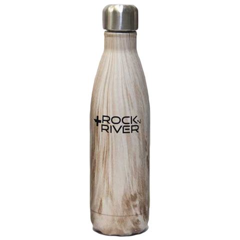 A stainless steel water bottle stands upright featuring a wood-like design with the text ROCK RIVER prominently displayed. It is likely placed against a plain background.