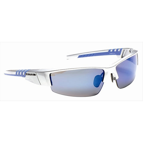 Sunglasses with a sleek design feature a silver frame and blue accents protecting eyes from sunlight while being displayed against a plain background.