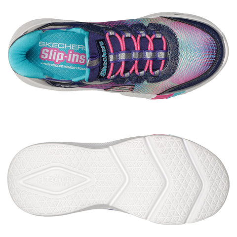Colorful athletic shoe with a mesh upper and bright laces is displayed from above while a white textured outsole is shown below indicating a casual and comfortable design