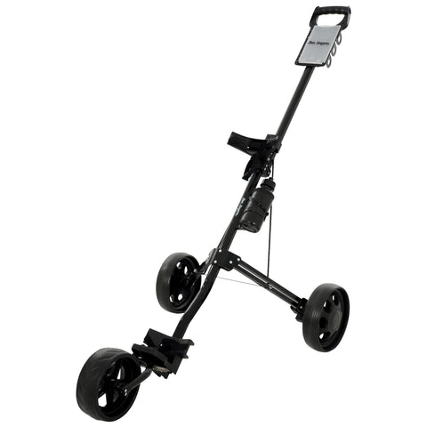A black golf push cart stands upright with a handle at the top two large wheels and a smaller front wheel it is designed for transporting golf bags on a course.