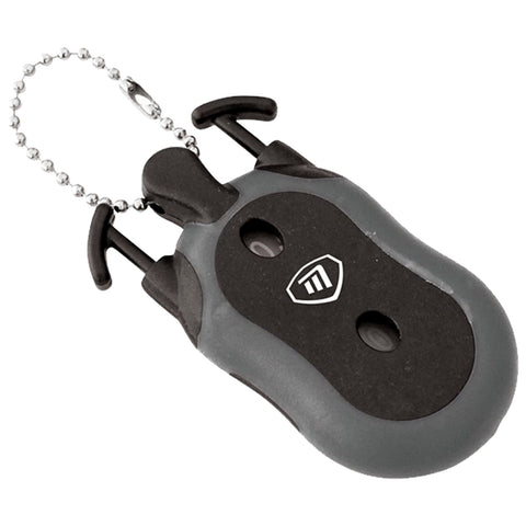 A compact black and gray device with buttons and hooks is attached to a metal chain. It is designed for an easy grip, likely used for securing or operating a related object.