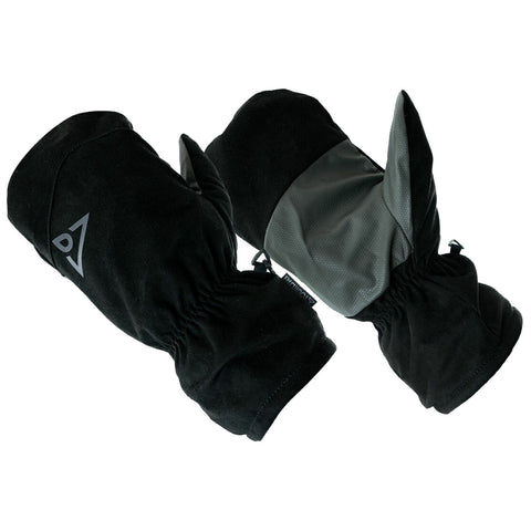 Black and gray winter gloves are displayed with an elastic cuff design showcasing a combination of materials and styles intended for warmth and functionality in cold environments.