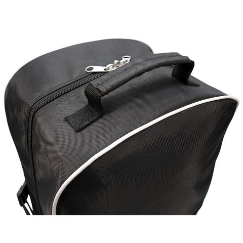 A black backpack with a zipper and a handle sits upright. The design features a white trim along the edge. The fabric appears durable and textured.