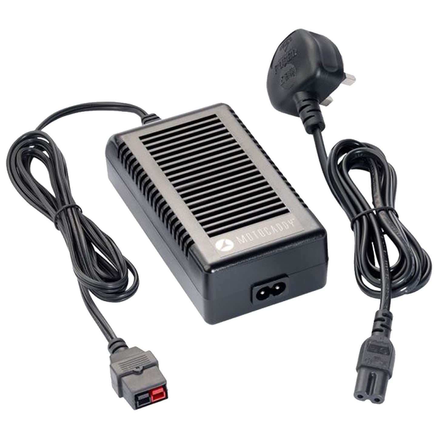 A black rectangular power adapter with ventilation grooves is connected to two cables one ending in a plug and the other with a rectangular connector designed for charging electronic devices