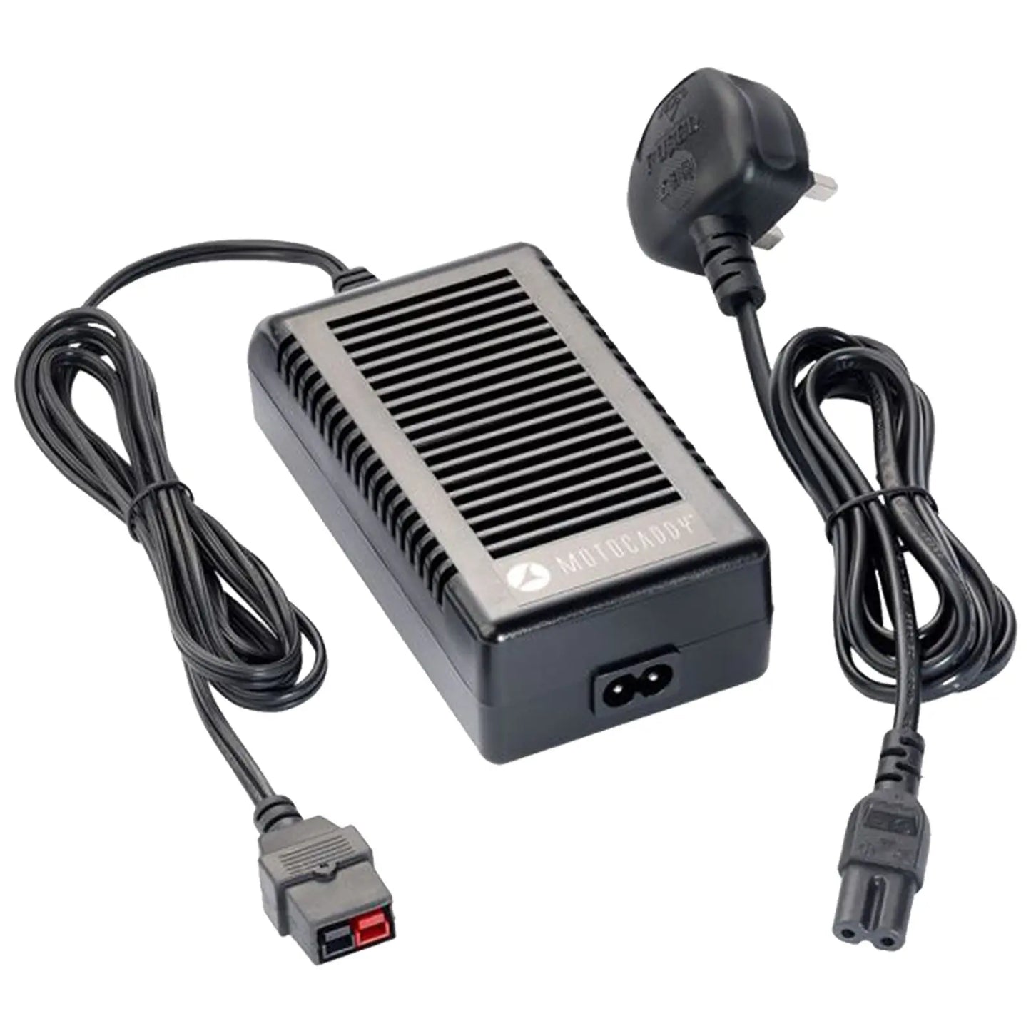 A black rectangular power adapter with ventilation grooves is connected to two cables one ending in a plug and the other with a rectangular connector designed for charging electronic devices