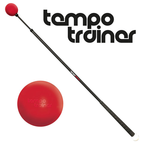 A red ball rests beside a long black stick with a grip and white tip while the words tempo trainer appear above. The items suggest a training tool for rhythm or sports.