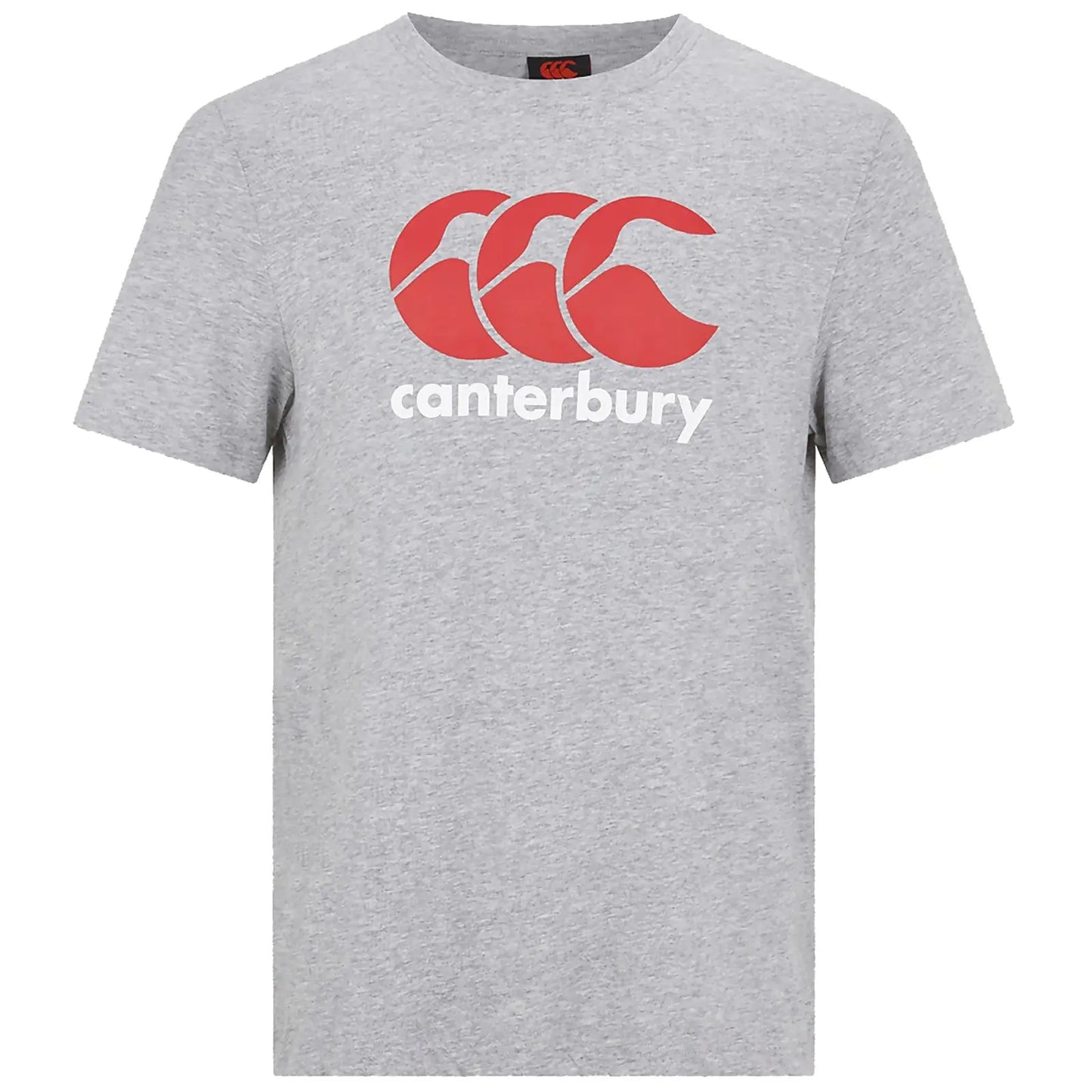 A gray t-shirt with short sleeves features a prominent red and white logo that reads "canterbury" below three stylized red waves, set against a plain background.