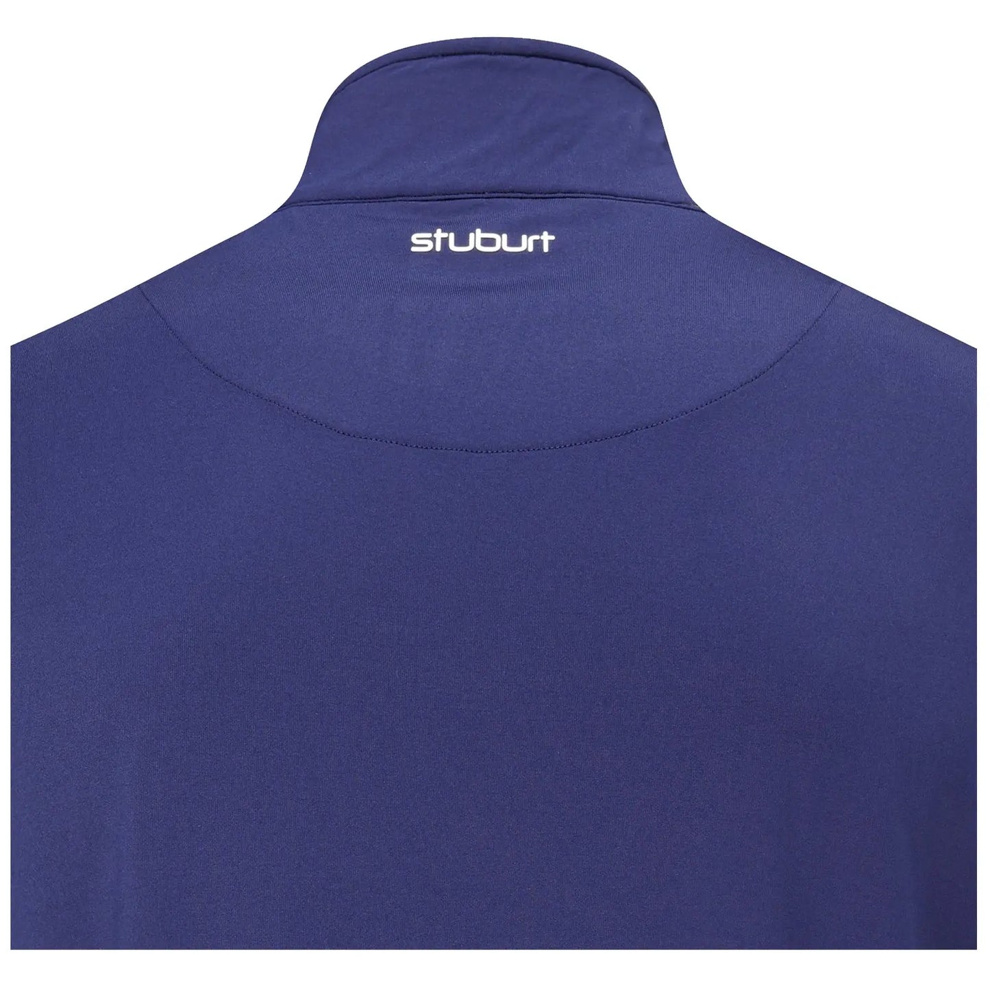 A navy blue collared golf shirt displays the brand name stuburt on the back, emphasizing its athletic design suitable for sports or casual wear in an outdoor context.