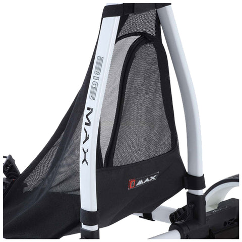 Mesh back support is attached to a frame with white and black components designed for comfort and breathability in a portable context such as a sports or outdoor setting.