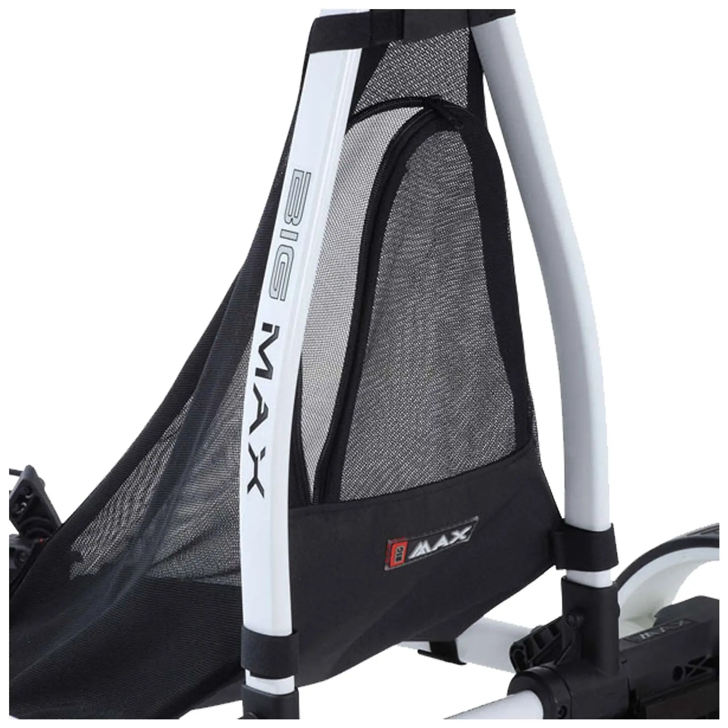 Mesh back support is attached to a frame with white and black components designed for comfort and breathability in a portable context such as a sports or outdoor setting.