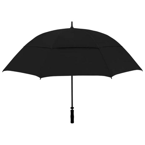 A black umbrella is opened and positioned upright to provide shelter from rain or sun in an outdoor setting, featuring a sturdy handle and a wide canopy for coverage.