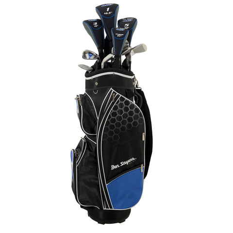 A golf bag featuring several clubs protruding from the top is standing upright. The bag is black with blue accents and has compartments for storage, suggesting readiness for a golf game.