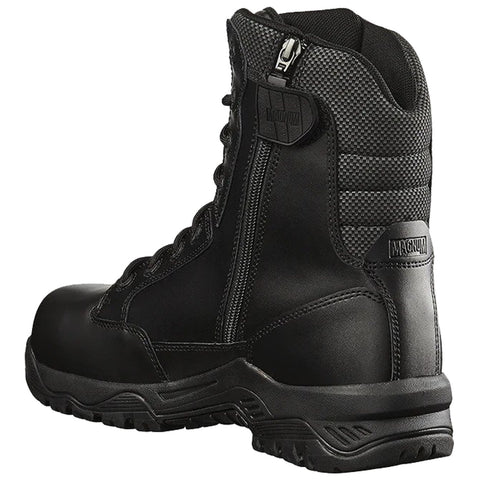 A black tactical boot features a high top with a zipper and lacing system providing secure wear on rugged terrain designed for durability and support during outdoor activities and work.