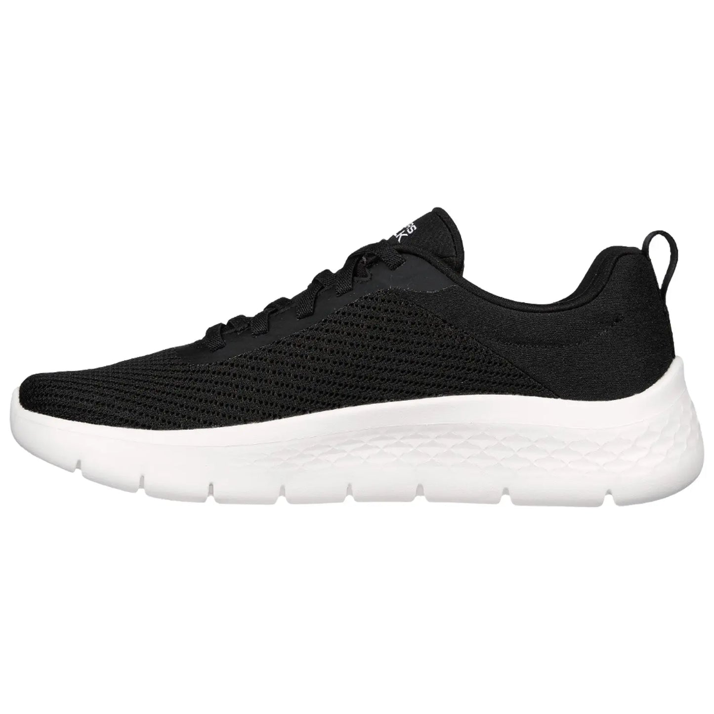 A black athletic shoe with a textured upper is positioned sideways showcasing its sleek design white sole and laces indicating it is suitable for sports or casual wear.