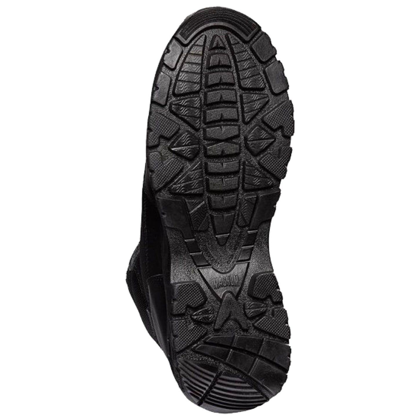 Black shoe sole positioned flat showing tread patterns designed for traction and grip likely intended for outdoor or athletic use placed on a neutral background