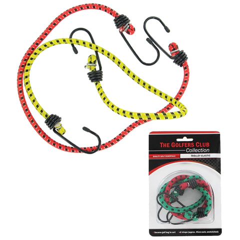 A set of colorful elastic bungee cords in red yellow and green is coiled and includes black hooks for securing items with a packaging card labeled The Golfers Club Collection Trolley Elastic in the background.