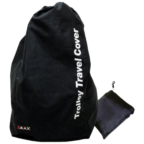 A black travel cover stands upright with a drawstring top while a smaller matching pouch sits beside it showcasing practicality and convenience for protection during travel. Trolley Travel Cover is written in white on the side.