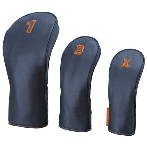 Three golf club headcovers are displayed in a row featuring numbers 1 3 and X stitched in orange on a dark background each headcover has a sleek design and is made of durable material